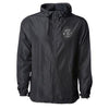 Front of black wind breaker jacket with small seven seas logo on top left