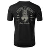 back of Black t-shirt with caffeine and gasoline logo from collaboration pineapple skull shirt with Amie Houde