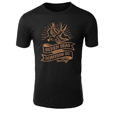 front of black t-shirt with gold swallow bird art work