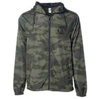Front of camo wind breaker jacket with small seven seas logo on top left