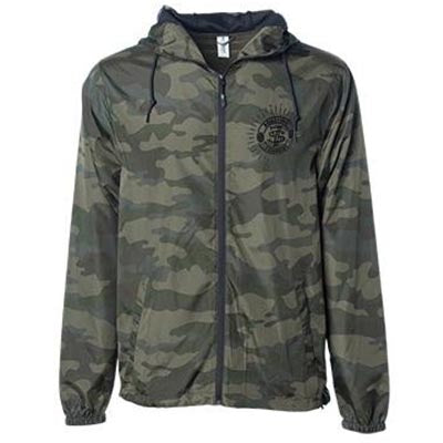 Front of camo wind breaker jacket with small seven seas logo on top left