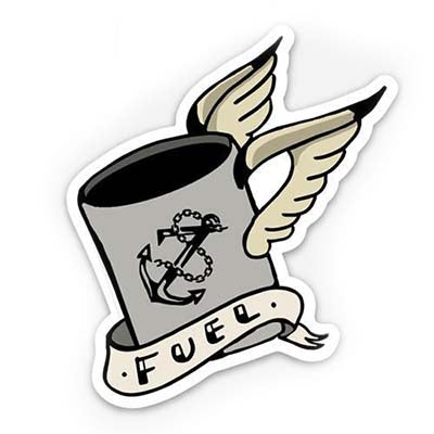 sticker of flying coffee cup with fuel wording 