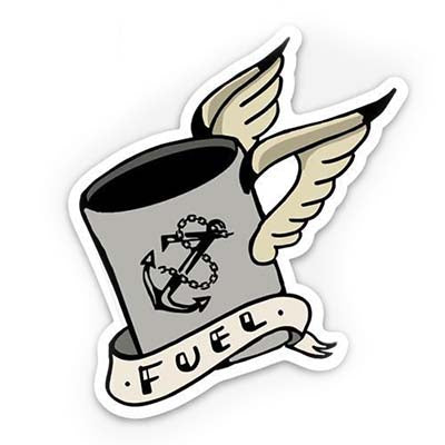 sticker of flying coffee cup with fuel wording