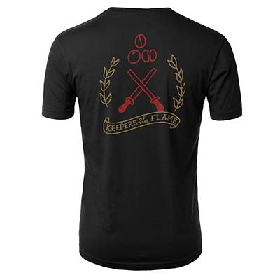 back of Black t-shirt with keeper of the flame art work in red and gold 