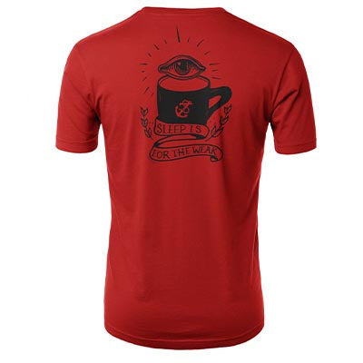 Back of red t-shirt with sleep is for the week art work with eye above of black mug