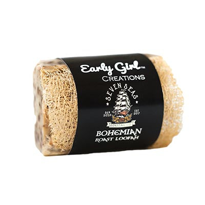 front of Bar of coffee soap infused with a loofah and seven seas logo in collaboration with early girl creations