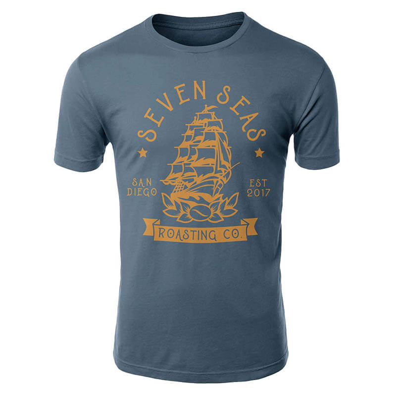 Seven seas roasting summer shirt color blue with yellow flagship logo 