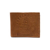 Brown leather wallet with seven seas logo branded on front of wallet