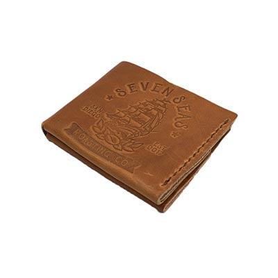 Brown leather wallet with seven seas logo branded on front of wallet